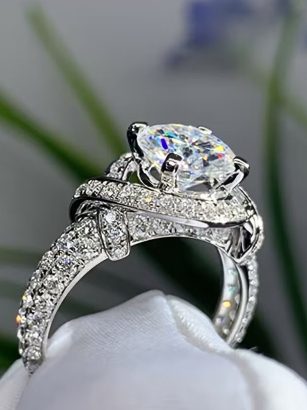 Stunning Cubic Zirconia Round Cut Center Stone on Crossover Band  Statement Ring